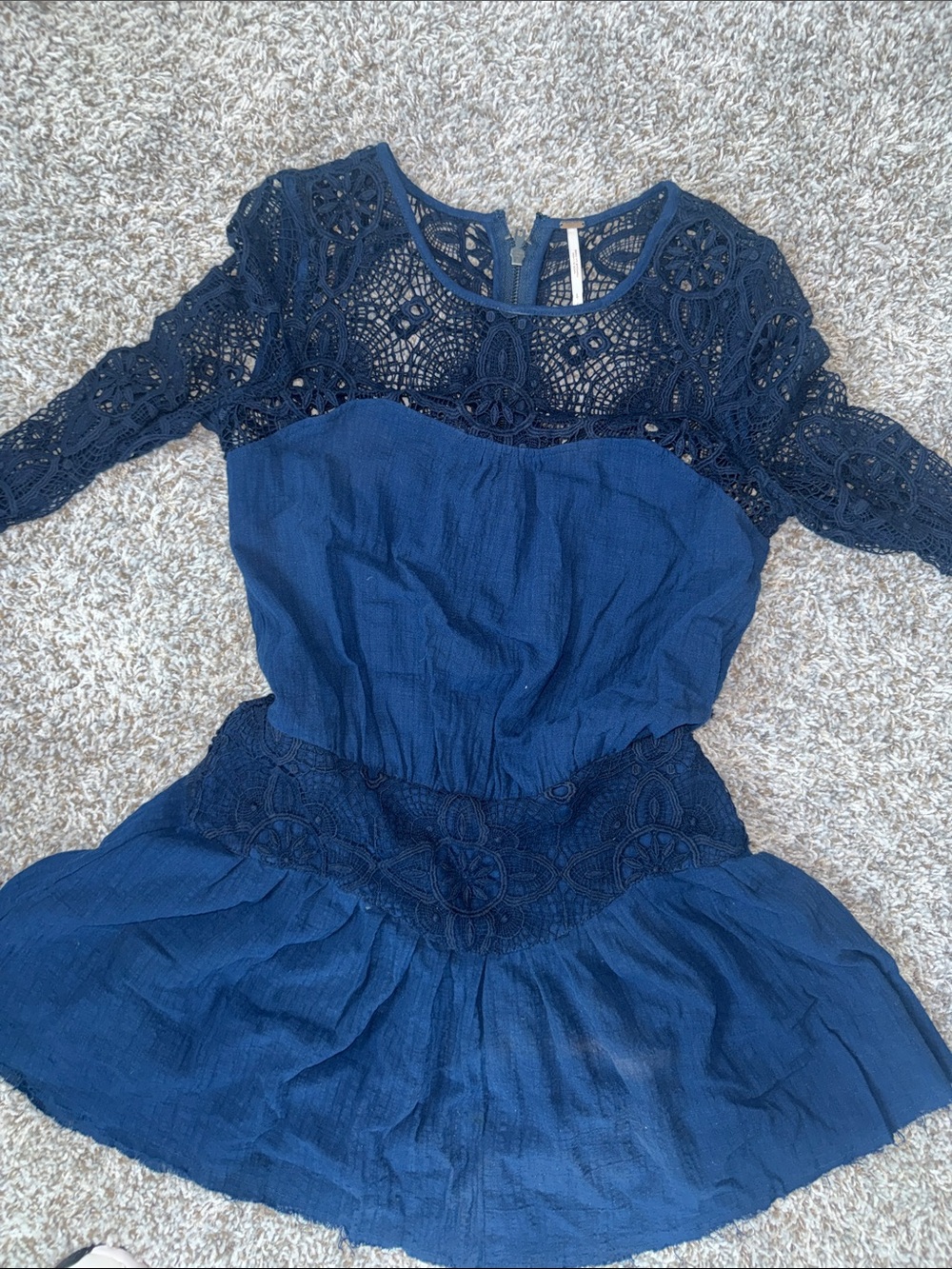 Free People Navy Crochet Lace Top with Metal Brand Tag